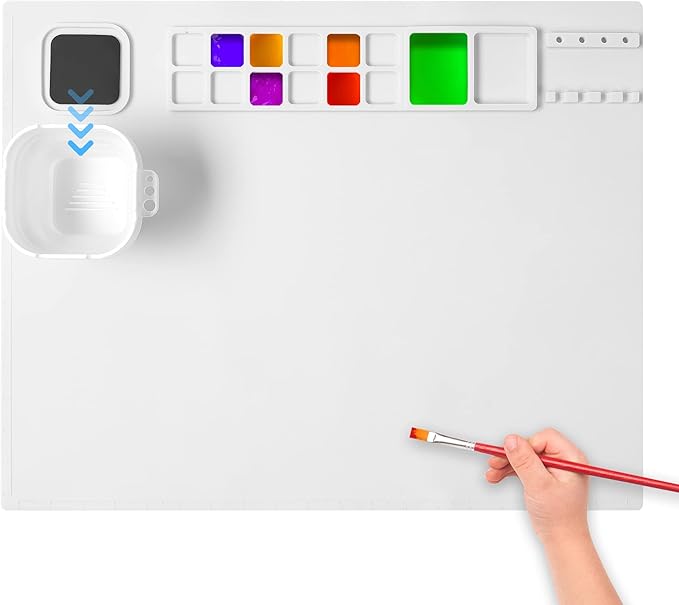 AWOKE Silicone Painting Mat - 20"X16" Silicone Art Mat with 1 Water Cup for Kids - Craft Mat has12 Color Dividers - 2 Paint Dividers (White),Toddler Activities,3 4 5 Year Old Girl Boy Birthday Gifts-CubbioJoy