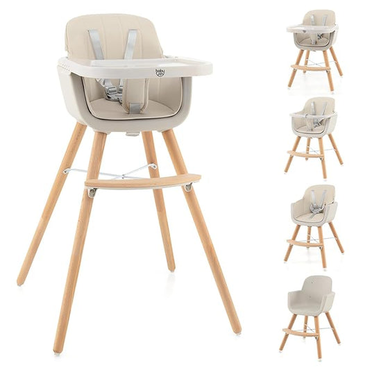 BABY JOY Convertible Baby High Chair, 3 in 1 Wooden Highchair/Booster/Chair with Removable Tray, Adjustable Legs, 5-Point Harness, PU Cushion and Footrest for Baby, Infants, Toddlers (Beige)-CubbioJoy