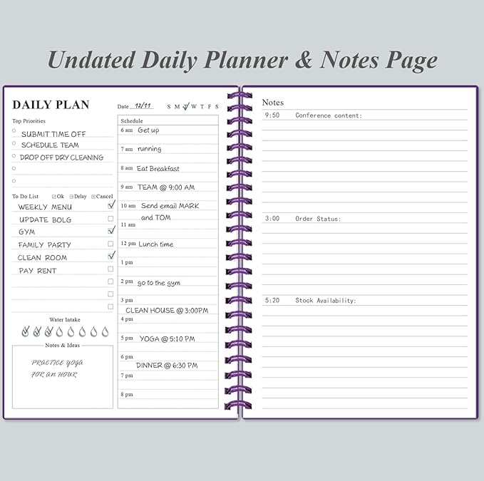 Daily Planner Undated - A5 To Do List Notebook Hourly Schedules, Spiral Appointment Planner for Women and Men, PVC Hardcover, Inner Pocket, Elastic Closure, 5.8" x 8.3", Purple-CubbioJoy
