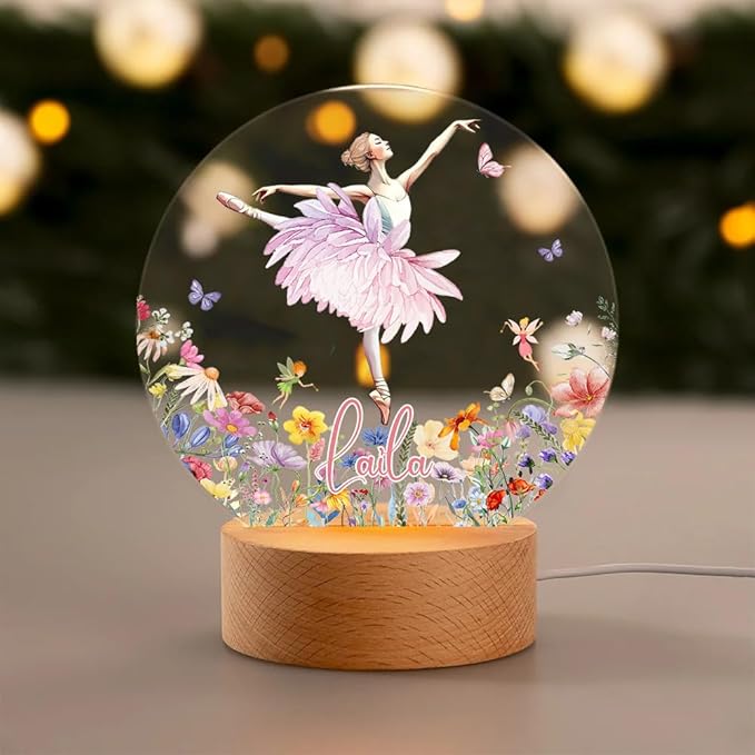 callie Acrylic Night Light Name Plate Personalized, Custom Cute Fox Deer Turtle Forest Animal with Wooden Base Bedroom Decor, Birthday Gifts Kid Gifts for Family (Beautiful Ballet Girl)-CubbioJoy