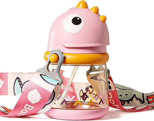 bc babycare Straw Sippy Cups for Toddler, No Spill Sippy Cups for Baby 1+ Year Old, Transition Weighted Sippy Cup with Straw and Strap, 10oz/300ml, Pink-CubbioJoy