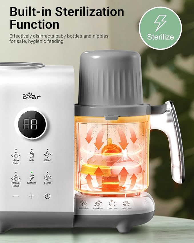 Bear Baby Food Maker with Two Layer Steam Baskets, Multifunction Baby Food Processor Steamer Puree Blender, Baby Food Mill with Bottle Warming Sterili-zing Auto Cleaning Function, BPA-Free, White-CubbioJoy