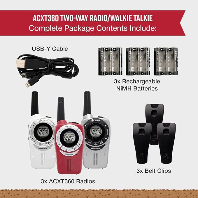 Cobra ACXT360 Water Resistant Walkie Talkies – Rechargeable, 22 Channels, Long Range 25-Mile Range Two-Way Radios 3-Pack, White, Silver and Red-CubbioJoy