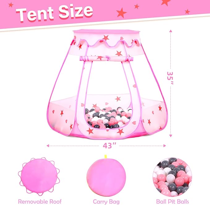 Baby Ball Pit for Toddler with 50 Balls, Kids Pop Up Play Tent for Girls, Princess Toys for Children Indoor & Outdoor Playhouse with Carry Bag (Pink: Pink/White/Gray, 109x90cm/50 Balls)-CubbioJoy