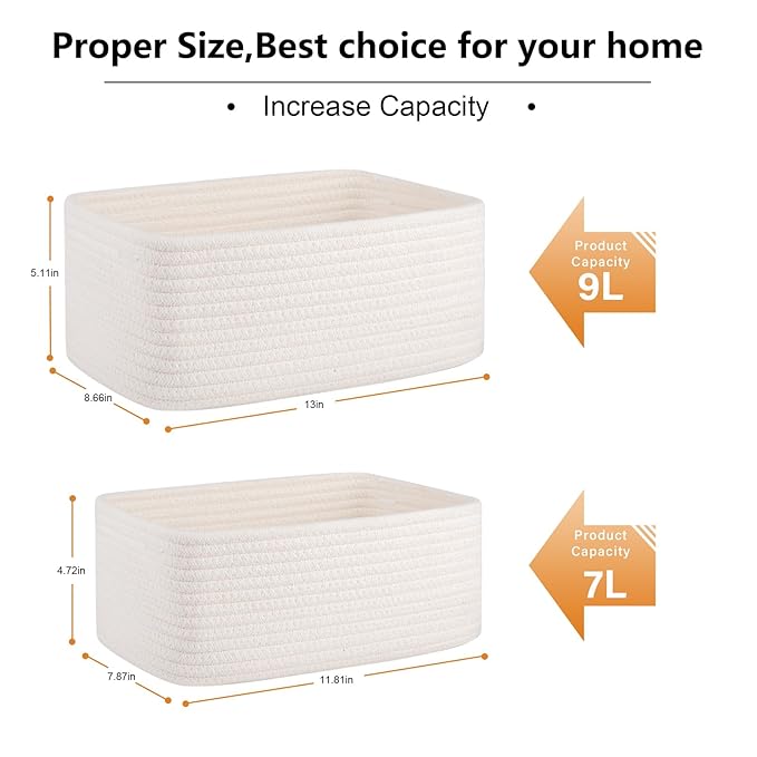 4 Pack Small Storage Shelf Baskets for Organizing, Mini Woven Rope Storage Bins for Towels, Cute Decorative Closet Organizer，Baby Nursery, Gift Empty Baskets -13''Lx8.66''Wx5.11''H-White-CubbioJoy