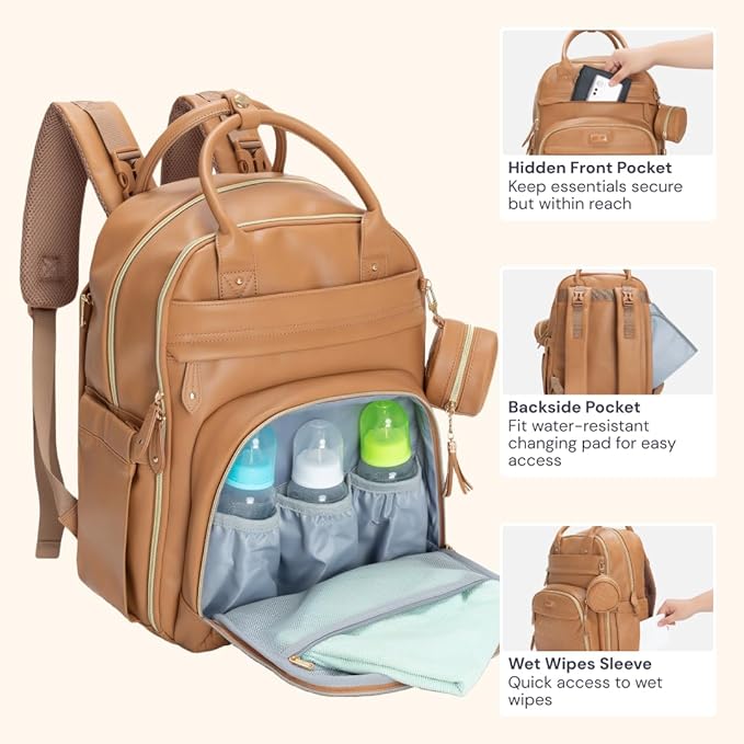 BabbleRoo Leather Diaper Bag Backpack - Baby Essentials Travel Baby Bag, Multi function, Waterproof, with Changing Pad, Stroller Straps & Pacifier Case – Unisex, Light Brown-CubbioJoy