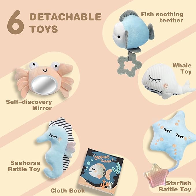 Baby Play Gym Mat, Oversize Tummy Time Activity Mat for Babies 0-6 Months, Shells Shaped Baby Play Mat with 6 Detachable Toys, Baby Mat for Floor Sensory Exploration Motor Skill Development (Blue)-CubbioJoy