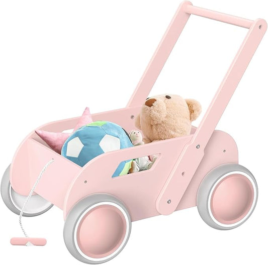 2025 HOMEKOL Wooden Baby Walker,Baby Push Walker, Adjustable Speed Baby Walker for Boys and Girls, Baby Activity Center, Gift for Birthday, Christmas and New Year Nature Pink-CubbioJoy