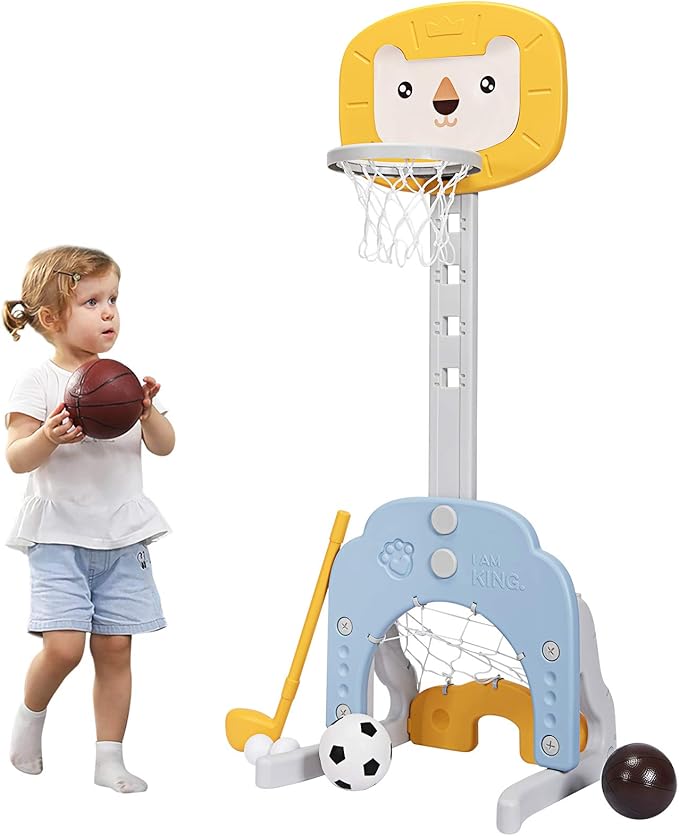 Costzon Kids Basketball Hoop, Toddler Sports Activity Center w/ 5 Adjustable Height Levels, Basketball Soccer Golf Game Set, Indoor Outdoor Basketball Hoop Set Gift for Baby Infant-CubbioJoy