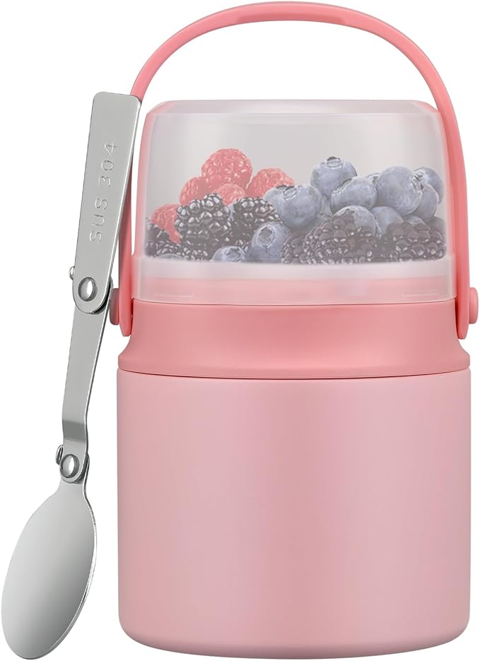 2-in-1 Insulated Food Jar & Snack Container - 15oz Kids Soup Thermos for Hot Food with Handle and Spoon, Leak Proof Reusable Toddler Snack Box, Perfect for School & Travel, Pink-CubbioJoy