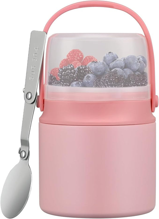 2-in-1 Insulated Food Jar & Snack Container - 15oz Kids Soup Thermos for Hot Food with Handle and Spoon, Leak Proof Reusable Toddler Snack Box, Perfect for School & Travel, Pink-CubbioJoy