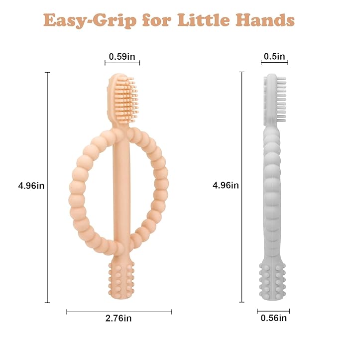 Baby Teething Toys with Easy-Hold Handle, Silicone Infant Toothbrush, Textured On Both Sides Helps Massage, Soothe Sore Gums, Teething Toys for Babies 0-6 Months, 6-12 Months Peach Powder & Gray-CubbioJoy
