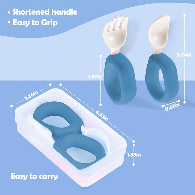 Baby Self Feeding Training Spoon and Fork Set with Travel Case, BPA-Free Cute Circle Toddler Training Utensils, Silicone/ABS Great Tableware Set Spoons Fork for Kids (Blue)-CubbioJoy