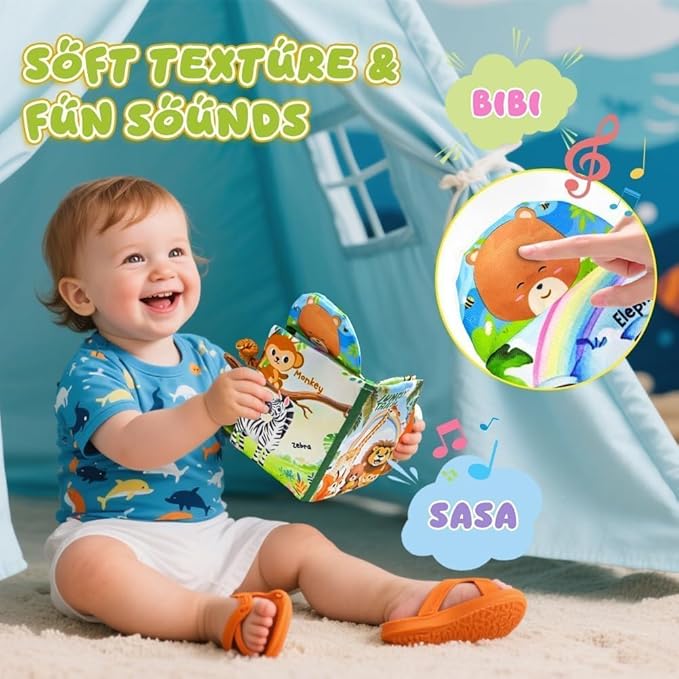 Baby Toys 0-6 Month, Crinkle Books for Babies, Jungle Tails Soft Baby Cloth Books 6 to 12 Months with 10 Pcs Jungle Animal Finger Puppets, Infant Tummy Time Sensory Toys, Newborn Gifts for Boys Girls-CubbioJoy