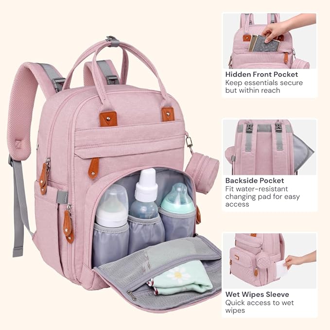 BabbleRoo Diaper Bag Backpack - Baby Essentials Travel Tote - Multi function Water Resistant Diaper Bag, Travel Essentials Baby Bag with Changing Pad, Stroller Straps & Pacifier Case - Unisex, Pink-CubbioJoy
