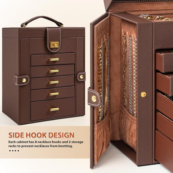 AKOZLIN Jewelry Box Organizer Functional Leather Jewelry Storage Case for Women Girls Ring Necklace Earring Bracelet Holder Organizer with Mirror Brown-CubbioJoy