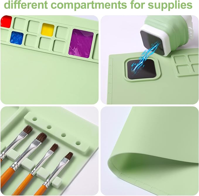 AWOKE Silicone Painting Mat for Table Protection - 20"X16" Washable Art Mat with 1 Water Cup for Kids - Craft Mat has 12 Color Dividers - 2 Paint Palettes (Green), Toddler Activities, Girl Boy Gifts-CubbioJoy