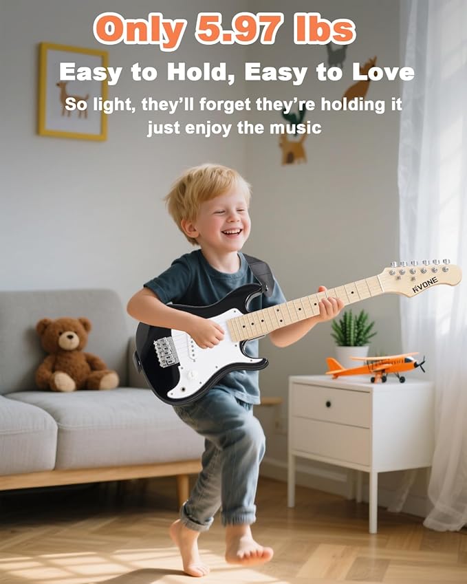 30 Inch Kids Electric Guitar Kit Beginner Complete Bundle with Smooth Fingerboard, Lightweight Design for Child, 5W Practice Amp, Gig Bag, Tuner, Strap, Cable, Picks, Extra Strings, RST-70 Black-CubbioJoy