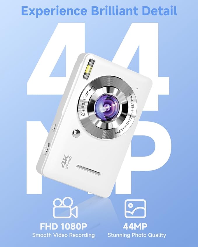 Digital Camera, 44MP FHD 1080P Camera for Kid with 16X Zoom Anti Shake, Compact Small Camera with 32GB SD Card, Digital Camera for Teens for Teens Girls Kids Adults(White)-CubbioJoy
