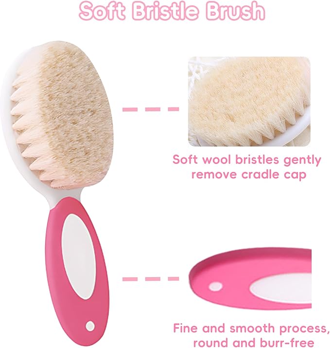 Baby Hair Brush and Comb Set, 4Pcs Baby Soft Bristles Brush Cradle Cap Brush Hair Comb for Newborns Toddlers Boys Girls (Pink)-CubbioJoy