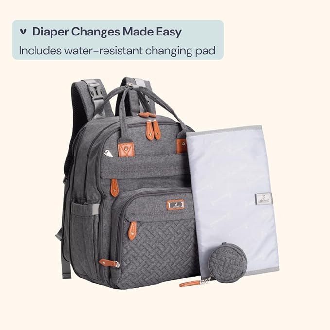 BabbleRoo Extra Large Diaper Bag Backpack, Expandable Baby Bag with Up to 50% More Capacity - Travel Essentials Baby Bag Tote with Changing Pad, Stroller Straps & Pacifier Case - Unisex, Dark Gray-CubbioJoy