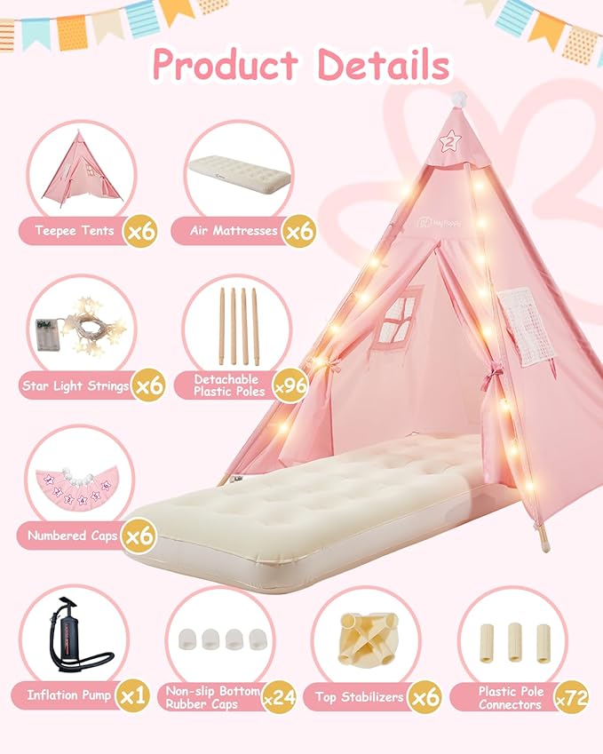 6 Pack Teepee Tent for Kids with Inflatable Airbed, Light, Toddler Tent Children Room Tents, Slumber Party Sleepover Tents, Indoor Outdoor Kids Playtent Playhouse for Girls & Boys-CubbioJoy