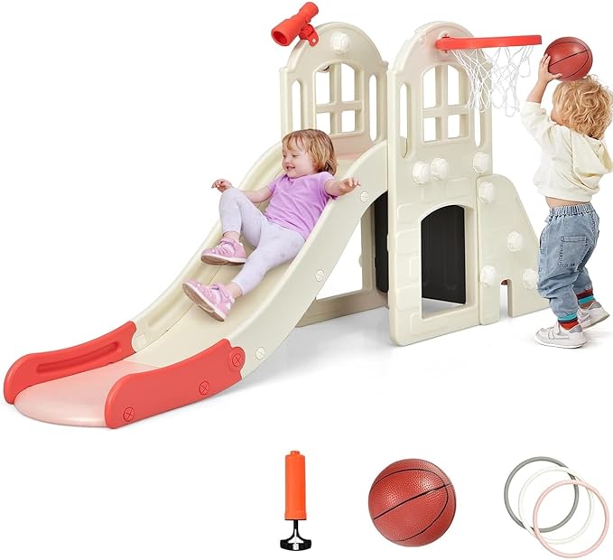 BABY JOY Toddler Large Slide, 6 in 1 Slide for Kids with Basketball Hoop, Ring Toss, 2 in 1 Convertible Climbing Way, Freestanding Kids Slide Climber Set for Indoors Outdoor Boys Girls Gifts Present-CubbioJoy