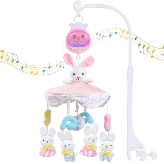 Baby Crib Mobile for Girls with Music, Lights & Projection, Adjustable Volume, 360° Rotating Plush Crib Toys with Detachable Musical Box, Hanging Mobile for Crib, Nursery Decor-CubbioJoy
