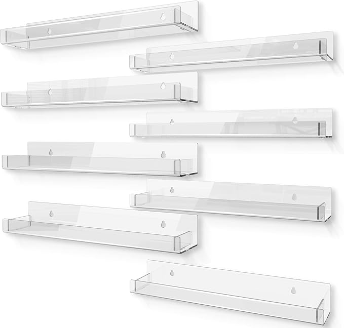 8 Pack 15 Inch Clear Acrylic Shelves, Clear Kids Floating Bookshelf for Kids Room, Modern Nail Polish Rack Sunglasses Essential Oil Picture Ledge Display Toy Storage Wall Shelf-CubbioJoy