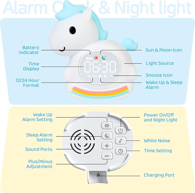 Alarm Clock for Kids with Night Light, Sleep Training Clock Time to Wake Clock, Rechargeable Silicone Light for Bedroom, Perfect Sleep Companion for Boys Girls, Blue Pony-CubbioJoy