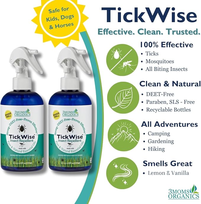 3 Moms Organics, TickWise 8oz Extra Strength Double Whammy 2-Pack - DEET- Free, Tick and Insect Repellent, Plant Based Essential Oils, All Natural Ingredients, Safe for Kids, Adults, Dogs & Horses-CubbioJoy