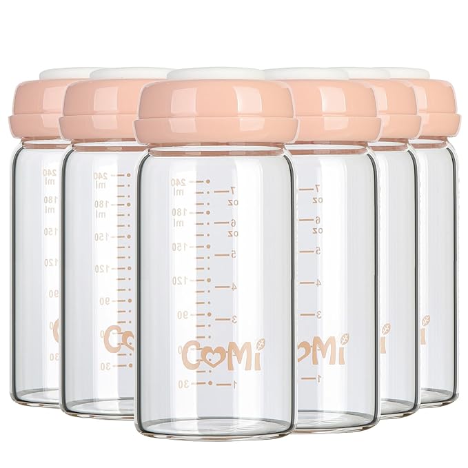COMI Wide Neck Glass Breastmilk Collection n Storage Bottle, 8oz with Screw Ring Sealing Disk; Re-markable Sealing Disc. BPA Free, Fits Breast Pumps & Nipples (6 Pink Lids)-CubbioJoy