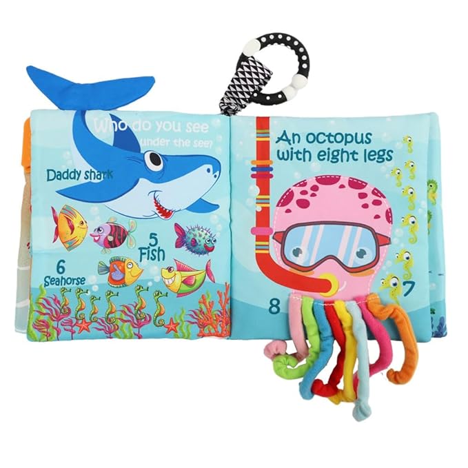 Cloth Crinkle Books for Babies Toddler – Touch and Feel Soft Baby Books, Interactive Early Learning Toys for Infants 0-6-12-18 Months Gift, Teething Toy with Teether, Fish, Octopus, Shark-CubbioJoy