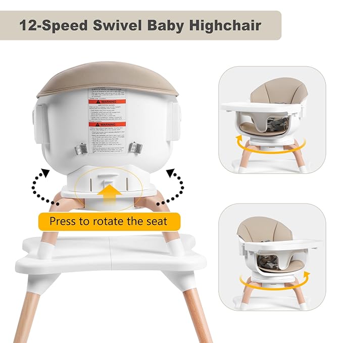 Baby High Chair, 7 in 1 Convertible High Chairs for Babies and Toddlers, Kids Learning Table, Building Block Table, Toddler Dining Chair with 360° Rotating Seat, 5-Point Safety Harness (Khaki)-CubbioJoy