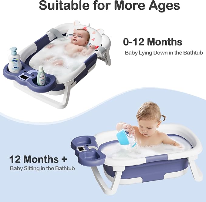 Collapsible Baby Bathtub,Baby Bath Tub with Soft Cushion & Thermometer,Baby Bathtub Newborn to Toddler 0-36 Months,Portable Travel Baby Tub-CubbioJoy