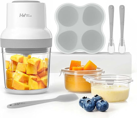 Baby Food Maker, HEYVALUE 13-in-1 Food Processor Set, Fruit, Vegatable, Meat, Baby Puree Blender with Baby Containers, Food Freezer Tray, Silicone Spoons, Spatula (Gray)-CubbioJoy