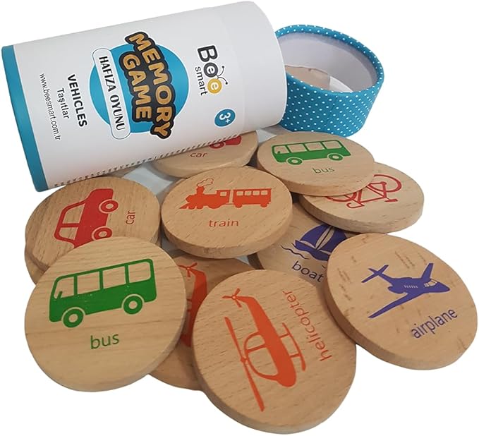 bee smart Wooden Memory Game - Matching Memory Game for Kids 3 and Up, 16Pcs | Educational Toy for Preschool Toddlers Board Games (Vehicles)-CubbioJoy
