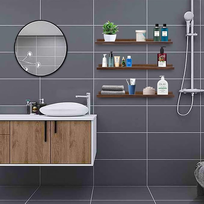 AZSKY 24 Inch Floating Shelves Rustic Wood Wall Shelf Deep Dark Walnut Floating Shelves a Set of 3 Hanging Narrow Picture Photo Ledge Shelves Wall Mounted Bathroom Bedroom Kitchen Office Décor-CubbioJoy