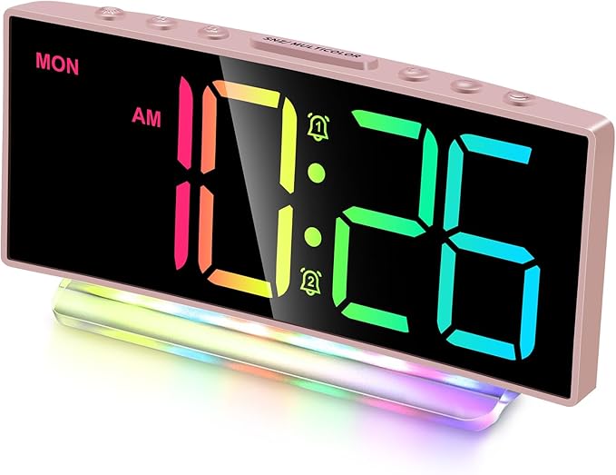 Cadmos Modern Curved Cute Digital Alarm Clock,Colorful Led Display,Adjustable Volume,Weekday/Weekend Mode,Simple Clock for Bedrooms Bedside,Ok to Wake Up for Girls,Kids,Teens (Pink+Dynamic)-CubbioJoy