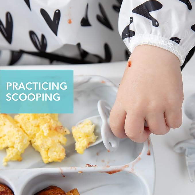 Bumkins Baby Utensils Set, Chewtensils Silicone Spoons for Dipping, Self-Feeding, Baby Led Weaning, Trainer Learning, First Stage Eating, Soft Practice Fork and Spoon, Babies 6 Months, Marble-CubbioJoy