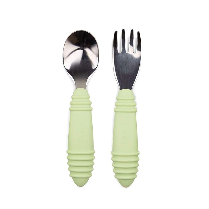 Bumkins Toddler Utensils, Kids Size Fork and Spoon Set, Silicone and Stainless-Steel Training Silverware, Angled Forks / Sporks for Self-Feeding, Children Hold Learning to Eat, 18 Mos Up, Sage Green-CubbioJoy