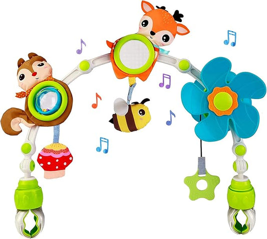 Baby Stroller Arch Mobile, Adjustable Musical Cirb Mobile Toys with Universal Clamps, Versatile Activity Toy Bar for Baby Bouncer Infant Car Seat Toy Stroller Toys Mobile for Bassinet Crib - Orange-CubbioJoy