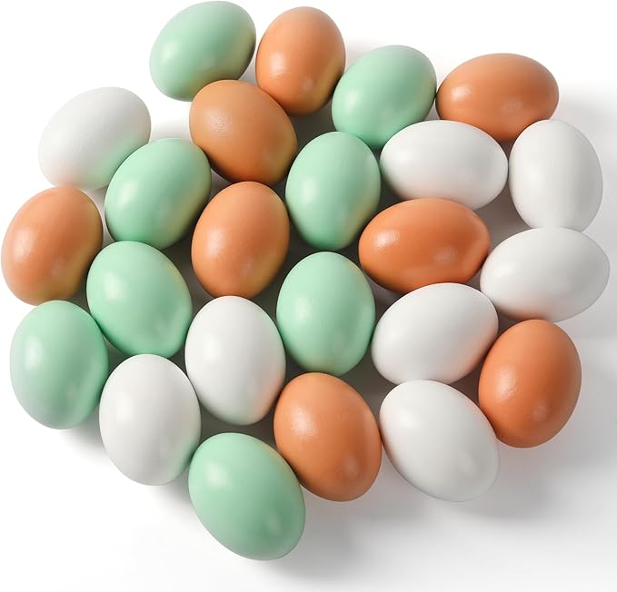 CALPALMY (24 Pieces) Hyper-Realistic Wooden Eggs - 3 Colors Wooden Fake Eggs for Easter, Painting, Decorating, Crafting, Fake Food, and Nest Box Training (8pcs Brown, 8pcs White, 8pcs Green)-CubbioJoy