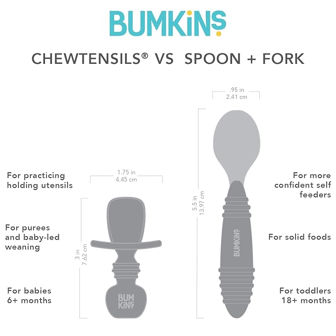 Bumkins Baby Utensils Set, Chewtensils Silicone Spoons for Dipping, Self-Feeding, Baby Led Weaning, Trainer Learning, First Stage Eating, Soft Practice Fork and Spoon, Babies 6 Months, Sand Beige-CubbioJoy