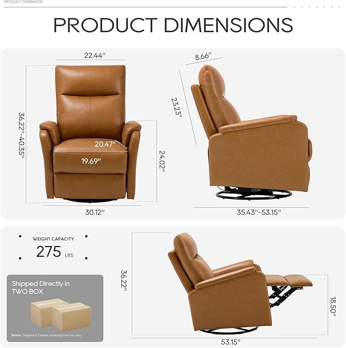 COLAMY Leather Swivel Recliner Chair with Footrest, High Back with Double-Layer Cushion, Glider Recliner for Nursery & Living Room, Bedroom, Camel-CubbioJoy