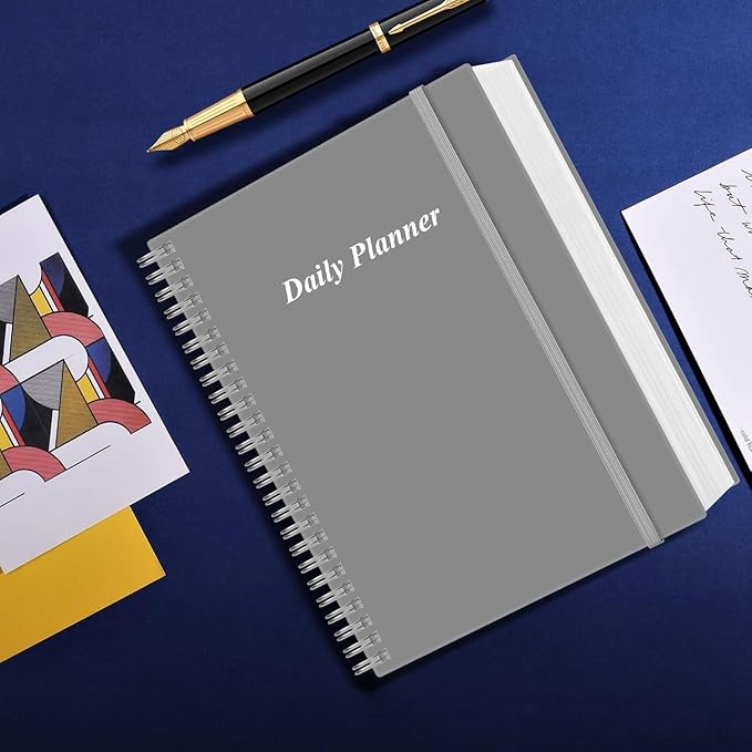 Daily Planner Undated - A4 To Do List Notebook Hourly Schedules, Spiral Appointment Planner for Women and Men,PVC Hardcover, Inner Pocket, Elastic Closure, 8.5" x 11", Grey-CubbioJoy
