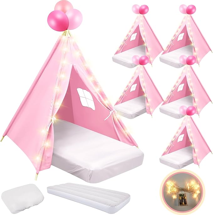 6 Pack Sleepovers Teepee Tent for Kids Bulk with Mattress Sheet Light,Natural Cotton Washable Indoor Play Tent for Birthday Slumber Party Girls Boys Pajama Movie Night Supplies(Light Pink)-CubbioJoy