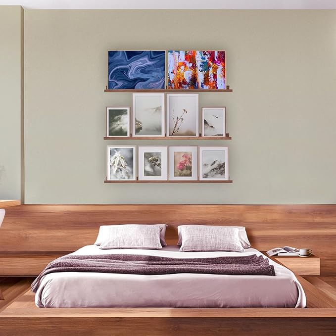 36 Inch Picture Ledge Shelf Rustic Wall Mount Light Walnut Long Narrow Picture Shelves Storage for Books Toys Music Albums Green Plants-Photo Ledge Shelf Set of 3 Mounting Hardware Include-CubbioJoy