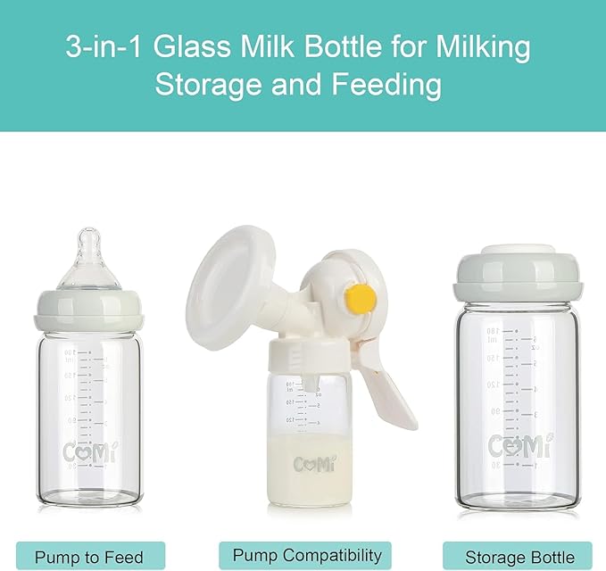 COMI Wide Neck Glass Breastmilk Collection n Storage Bottle, 6oz with Screw Ring Sealing Disk; Re-markable Sealing Disc. BPA Free, Fits Breast Pumps & Nipples (Pink Lids)-CubbioJoy