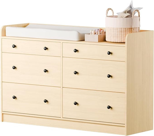 Cozy Castle Baby Dresser with 6 Drawers and Large Table Top, Multi-Functional Chest of Drawer, Drawer Dresser with Three-Sided High Rails for Nursery, Children's Room, Bedroom, Oak-CubbioJoy